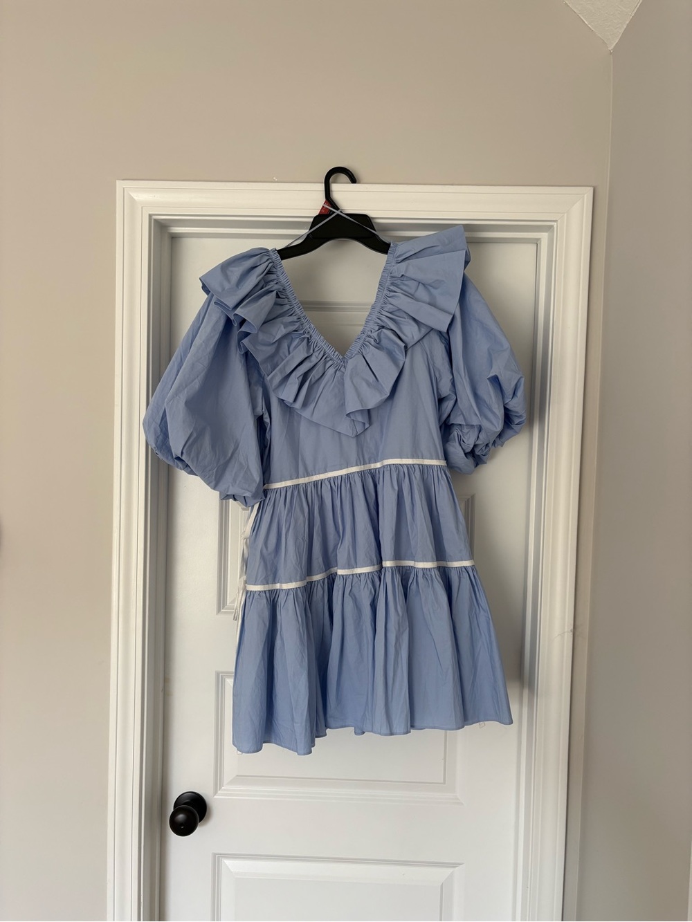 Ruffle V-Neck Sofie The Label Dress in Light Blue with white trim. Like new - Picture 3 of 5